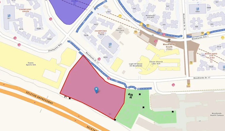 Location map of Wynwood Grand EC at Woodlands Drive 17, showing Woodlands South MRT, Causeway Point, schools and parks