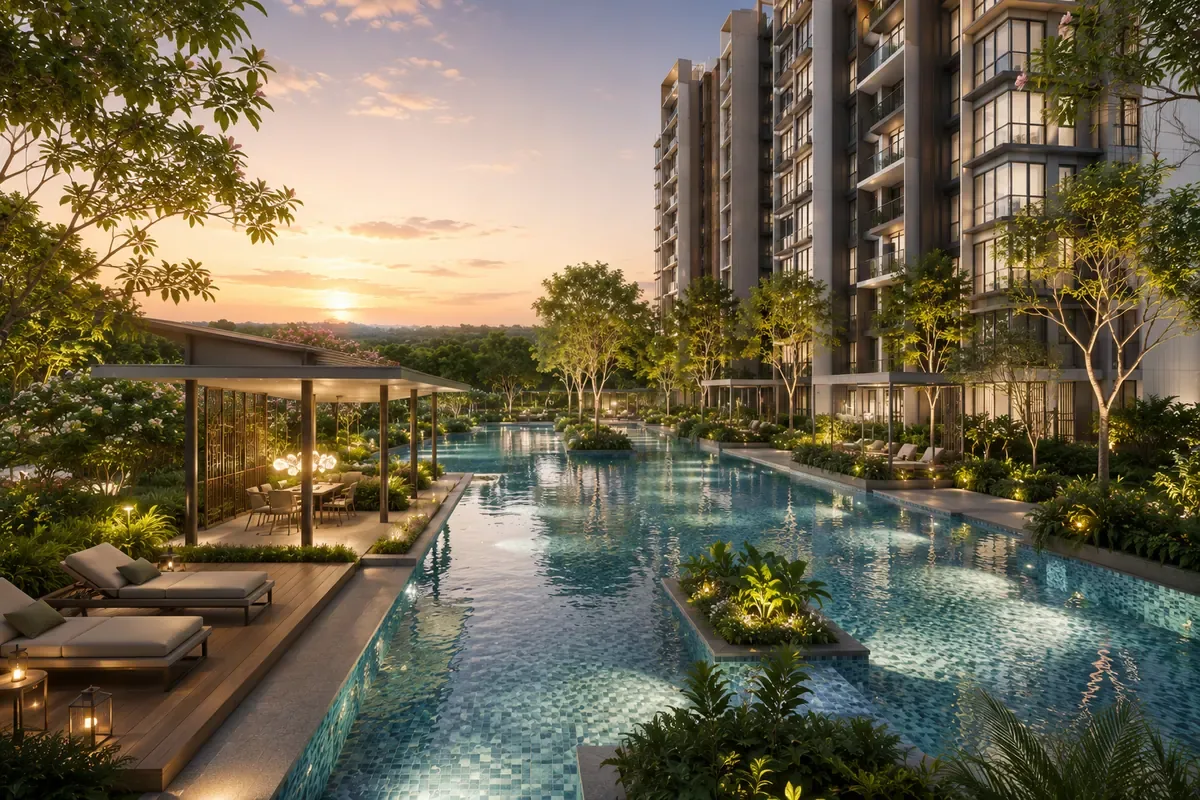 Wynwood Grand EC lagoon pool and landscaped deck artist’s impression, illustrative only